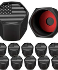 All American Flag Tire Valve Stem Caps With Rubber Seal O Ring Universal Wheel Covers For Cars SUVs Trucks Motorcycles Bicycles Airtight Heavy Duty 12 Pack Black Gray USA
