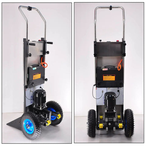 Heavy Duty 1200w Electric Stair Climber Dolly With Brushless Motor And Massive 36 Ah Battery, showing motor and battery in close-up.