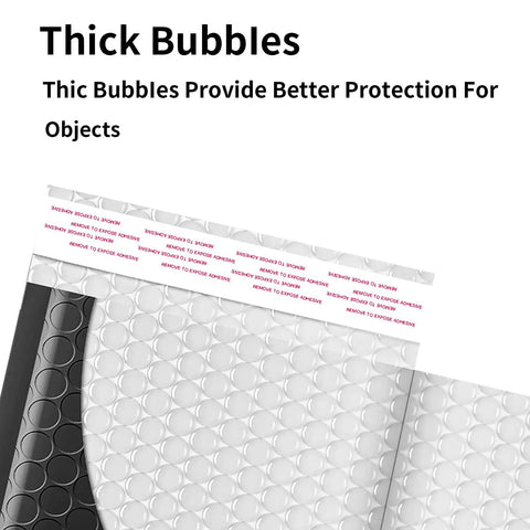 Close-up of black padded self-seal shipping envelope showing thick bubble padding, 8.5x11 Inch Bubble Mailers 9x12 Outer Size Heavy Duty.