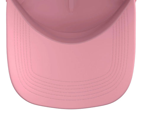 Top view of Pink Five Panel Trucker Hat For Warehouse Workers With Adjustable Mesh Back And Structured Foam Front Crown