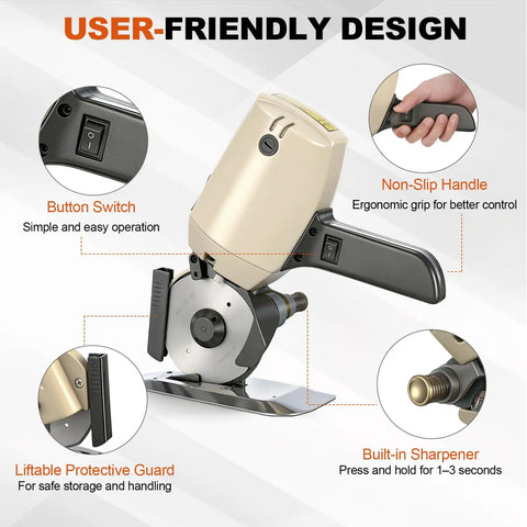 Gearpass 250W Electric Fabric Cutter With Extra 4-Inch Rotary Blade And Auto Sharpener handheld cutter with ergonomic handle and built-in sharpener.