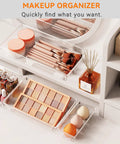 Six Pack Clear Acrylic Drawer Organizer Trays Featuring Non Slip Silicone Pads Large Kitchen Storage Dividers for makeup.