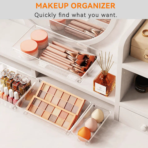 Six Pack Clear Acrylic Drawer Organizer Trays Featuring Non Slip Silicone Pads Large Kitchen Storage Dividers for makeup.