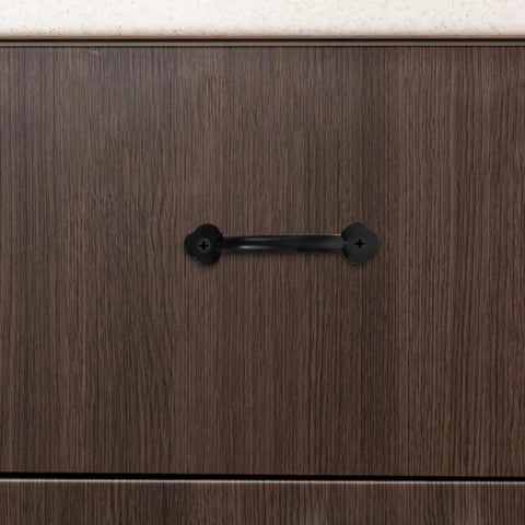 Vintage Black Alloy Drawer Pull Handles Set Of 3 with screws on a wooden cabinet door, retro metal hardware for daily use.