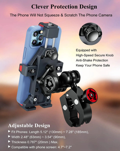 Heavy Duty Motorcycle Phone Mount With Silent Vibration Dampener And Lockdown Anti Theft Safety Knob For Cruiser And Sportbike Grips, showing adjustable clamp and phone protection features.