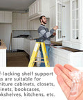 Man installing Clear Plastic Locking Shelf Pegs 5mm Diameter Self Locking Shelf Pins for 3/4 Inch shelves in a kitchen cabinet