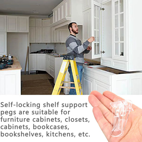 Man installing Clear Plastic Locking Shelf Pegs 5mm Diameter Self Locking Shelf Pins for 3/4 Inch shelves in a kitchen cabinet