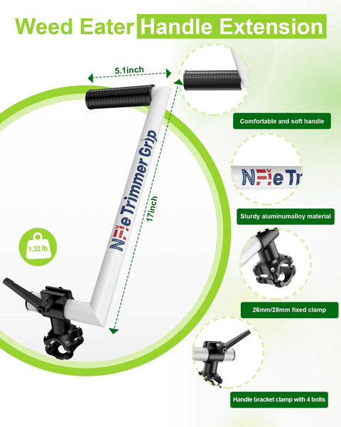 Ergonomic Trimmer Handle Extension Back Saver With Adjustable Angle And Height 17 Inch Grip For Lawn Care Grass Landscaping And Yard Work No More Fatigue While You Edge And Trim Smoothly. Product in detail showing grip and bracket clamp.