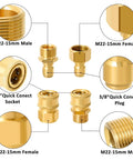 Image showing brass No-Fuss M22 To 3 Eighths Inch Quick Hose Connect Kit For Pressure Washers, detailed view of connectors and threads.