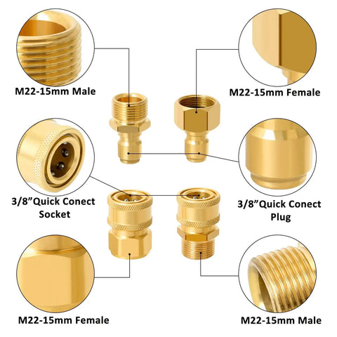 Image showing brass No-Fuss M22 To 3 Eighths Inch Quick Hose Connect Kit For Pressure Washers, detailed view of connectors and threads.