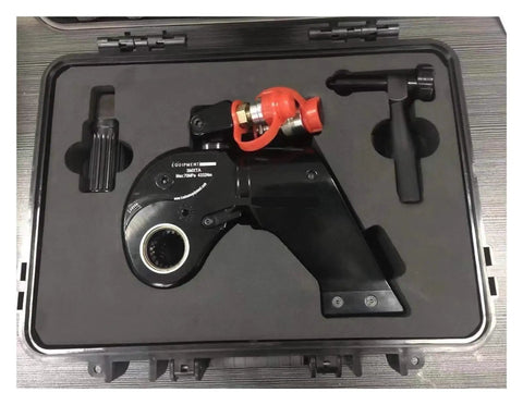 Heavy Gauge Hydraulic Torque Wrench With Slick Uni Swivel Hose and Rugged Alloy Frame in protective case for precision bolting.