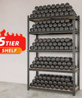 Heavy Duty 2000 Lb 5 Tier Metal Garage Shelving Unit With Wood Shelves, 72 Inch H, 36 Inch W, 16 Inch D, fully stocked, black design.
