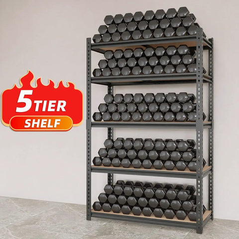 Heavy Duty 2000 Lb 5 Tier Metal Garage Shelving Unit With Wood Shelves, 72 Inch H, 36 Inch W, 16 Inch D, fully stocked, black design.