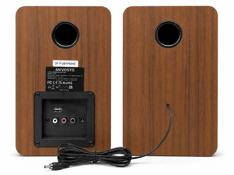 Rear view of Beefy Bass Bookshelf Speakers 36W RMS BT Five Four Wireless Studio Monitors with cable and input connections visible