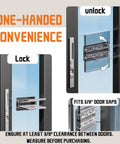 Image of Two Pack Sliding Door Lock for Child Safety on Sliding Glass Doors and Windows with Extra Strong Adhesive, showing lock and unlock positions.