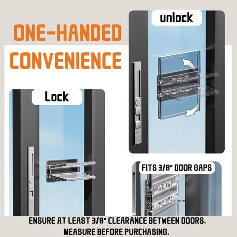 Image of Two Pack Sliding Door Lock for Child Safety on Sliding Glass Doors and Windows with Extra Strong Adhesive, showing lock and unlock positions.