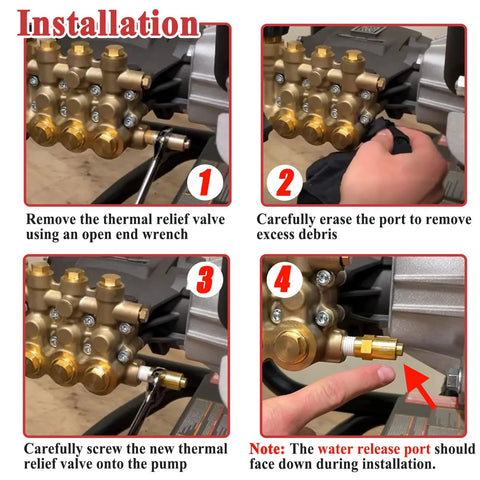 Brass thermal relief valve for gas-powered pressure washer pump, 1/4 in NPT, installation steps