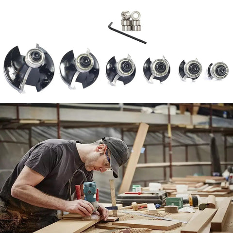 Badass Roundover Router Bit Set With Six Extra Guide Bearings And Heavy Duty Carbide Edge Forming Bits shown with a carpenter working.