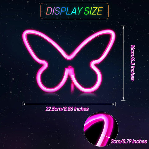 Two Pack Butterfly Neon Sign LED Light Wall Decor Pink Neon Butterfly Wall Art Powered By 3AA Batteries Or USB displayed on size chart
