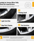 Light Silver Wheel Rim Touch Up Paint With Built In Brush For Knocking Out Curb Rash And Scrapes On Alloy Rims Plus Faster Five Minute Set For A Clean Showroom Grade Finish Daily, showing various wheel rim imperfections.