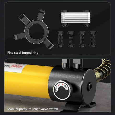 Heavy Duty Hydraulic Puller With Snap Lock Hand Pump showing forged steel ring and manual pressure relief valve components.