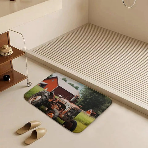 Thick Ultra Absorbent Bath Rugs With Non Slip Backing, Coral Fleece Farm Tractor Bathroom Mats on bathroom floor