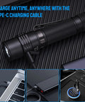 Ultra Bright 1800 Lumen LED Tactical Flashlight Beast Bright Beam Rechargeable Waterproof shown charging via USB-C cable