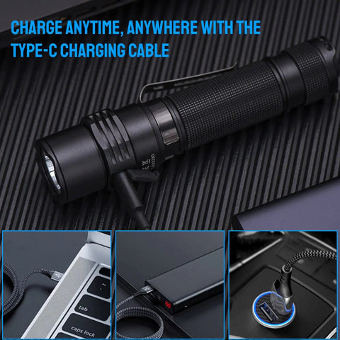 Ultra Bright 1800 Lumen LED Tactical Flashlight Beast Bright Beam Rechargeable Waterproof shown charging via USB-C cable