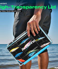Person holding a Waterproof Fishing Tackle Box Organizer With 21 Adjustable And Removable Dividers by the beach