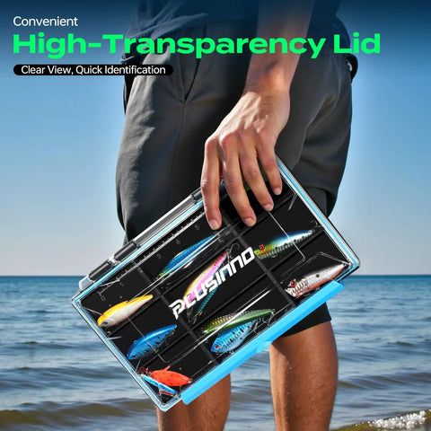 Person holding a Waterproof Fishing Tackle Box Organizer With 21 Adjustable And Removable Dividers by the beach