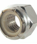 25 Pack 3/8-16 Stainless Steel Nylon Insert Hex Lock Nuts With Hex Socket Drive, single nut close-up view, corrosion-resistant