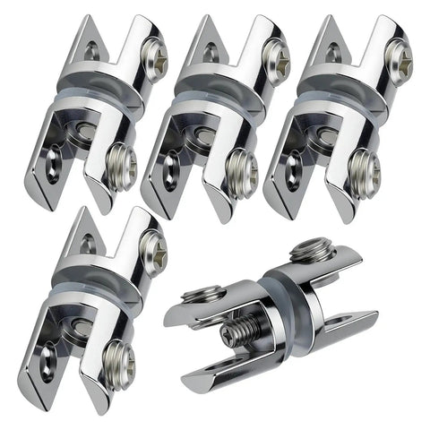 Five stainless steel clamps, 5 Pack Glass Clamps For 5 To 10mm Thick Glass Durable Rustproof Bidirectional Mounts For Shelves Partitions And Glass Rails Heavy Duty Secure Hold Easy Installation For Quick Use, displayed from different angles