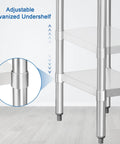 Close-up of adjustable undershelf on Built Tough Stainless Steel Commercial Work Table 14x30 Inches With Undershelf And 2 Inch Backsplash Heavy Duty NSF 430 Kitchen Prep Station For Restaurants And Food Service.