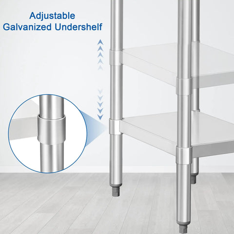 Close-up of adjustable undershelf on Built Tough Stainless Steel Commercial Work Table 14x30 Inches With Undershelf And 2 Inch Backsplash Heavy Duty NSF 430 Kitchen Prep Station For Restaurants And Food Service.