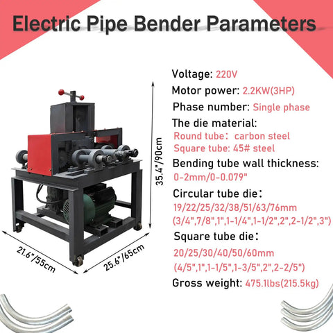 Yokoma Electric Tube Pipe Bender Machine With 15 Round And 9 Square Dies 2.2KW 3HP Motor shown with specifications and dimensions