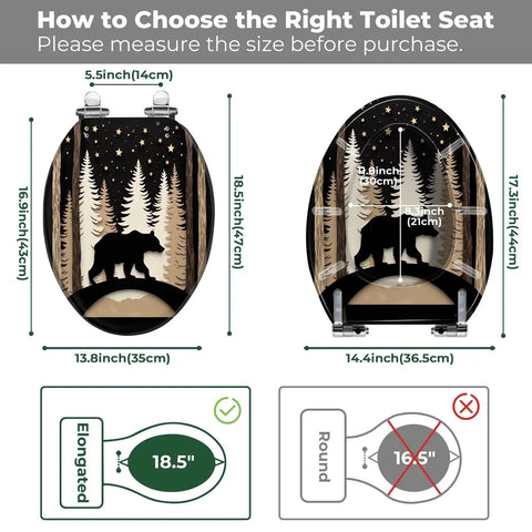 Elongated Toilet Seat Resin for Bathroom with measurement guidance, showcasing sizes and shapes for proper fit.