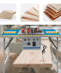 Full Auto Edge Banding Machine Woodworking Benchtop Station with digital controls, glue tank, and cutting mechanism for furniture assembly.