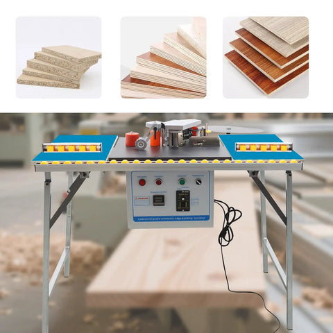 Full Auto Edge Banding Machine Woodworking Benchtop Station with digital controls, glue tank, and cutting mechanism for furniture assembly.