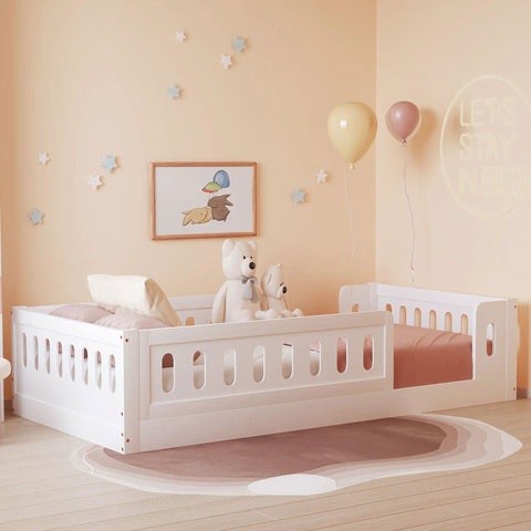 Twin Size Montessori Floor Bed With Safe Guardrails For Toddlers, White Wood Frame in kid-friendly room
