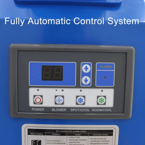 Control panel of Heavy Duty 220 Volt Industrial Air Conditioner Featuring 18700 Btu Cooling Output and Hella Rapid Airflow.