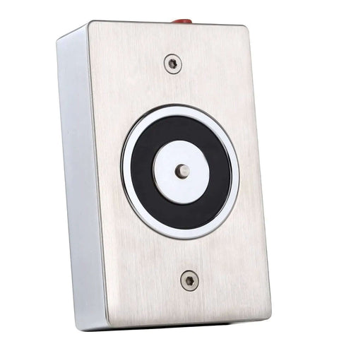 Close-up of Emergency Smokeproof Electromagnetic Door Holder American Type Flush Wall Mount, Heavy Duty Fail Safe Lock in silver finish.