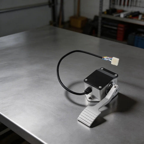 Heavy Duty Metal Throttle Foot Pedal For Golf Cart And Electric Vehicle with connector and waterproof housing on silver surface.