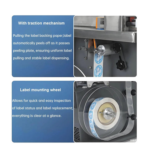 Xoiasth Semi Automatic Corner Labeling Machine With Plc Microcomputer Control showing traction mechanism and label mounting wheel.