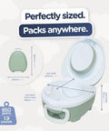 Leak Proof Portable Toddler Toilet Seat For Potty Training, dimensions and capacity showcased, green pastel color with cushioned grip.