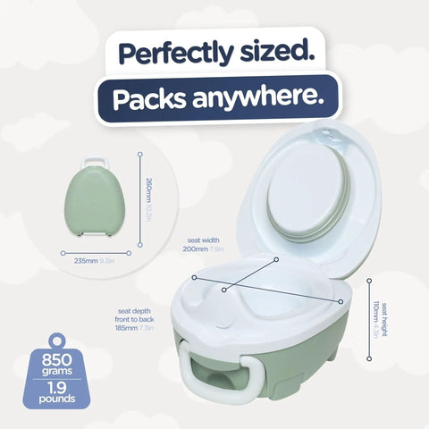 Leak Proof Portable Toddler Toilet Seat For Potty Training, dimensions and capacity showcased, green pastel color with cushioned grip.