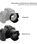 Tulip Flower Lens Hood for RF 50mm F1.8 STM on EOS cameras showing compatibility with 43mm lens filter and cap.