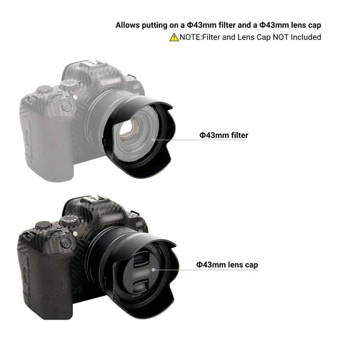 Tulip Flower Lens Hood for RF 50mm F1.8 STM on EOS cameras showing compatibility with 43mm lens filter and cap.