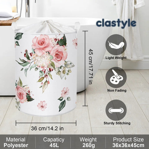 Blooming Pink Flowers Laundry Basket Round Hamper For Girls Room And Nursery Toy Storage Dirty Clothes Organizer Floral Pink Flower Design Soft Fabric Hamper With Handles