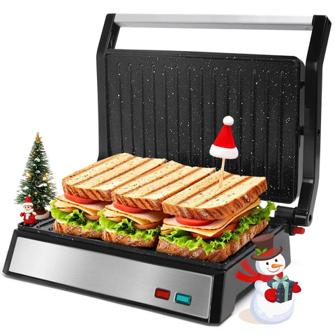 Aigostar 1200W Panini Press Sandwich Maker With Ceramic Non Stick Plates Opens 180 Degrees For Indoor Grilling, silver appliance with grilled sandwiches.