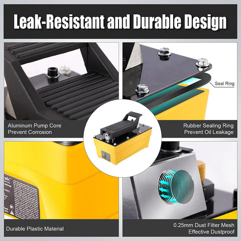High-Pressure Air Hydraulic Pump Kit With 10,000 PSI Power, 0.6 Gal Reservoir, Foot Pedal Operation, 6.6 Ft Hose And Spray Gun, NPT Three-Eighth Inch Outlet And One-Quarter Inch Inlet, Yellow Built-To-Last Workhorse For 10-Ton Jobs, aluminum core and seal ring